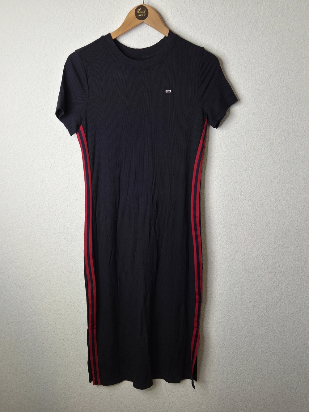 Tommy Hilfiger Navy Midi T-Shirt Dress with Red Side Stripes Womens Size M